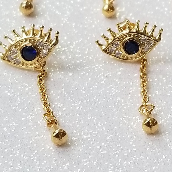 Blue sapphire gold plated evil eye chain studs - Picture 2 of 5